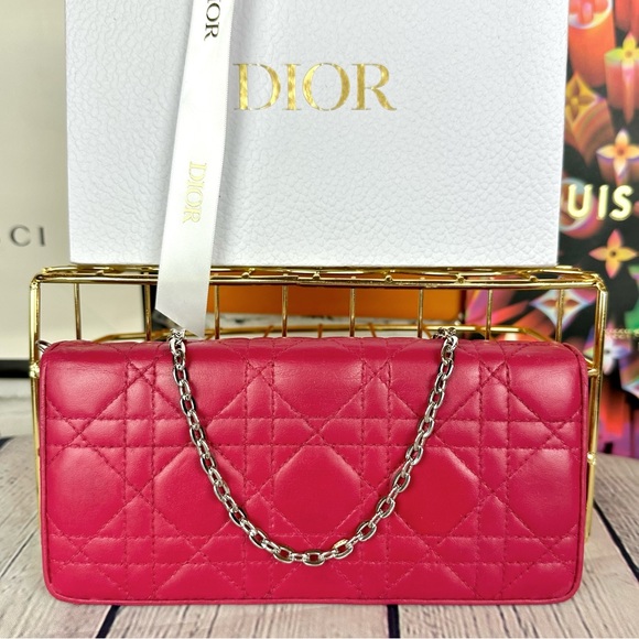 CHRISTIAN DIOR Magenta Pink Leather Cannage Long Wallet Crossbody with C… - Picture 1 of 16